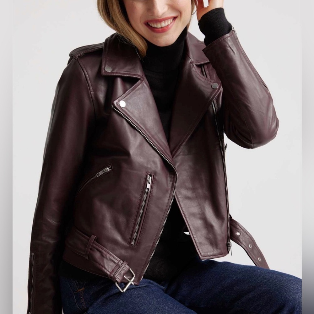 Quince 100% Leather Motorcycle Jacket in burgundy size L